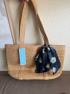 Draper James Tan Woven Tote with Navy Floral Scarf Accent